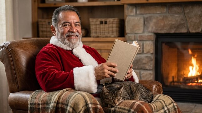 Santa claus smiling and relaxing by a warm fireplace with a sleeping cat on his lap, reading a book, representing a cozy christmas holiday atmosphere at home
