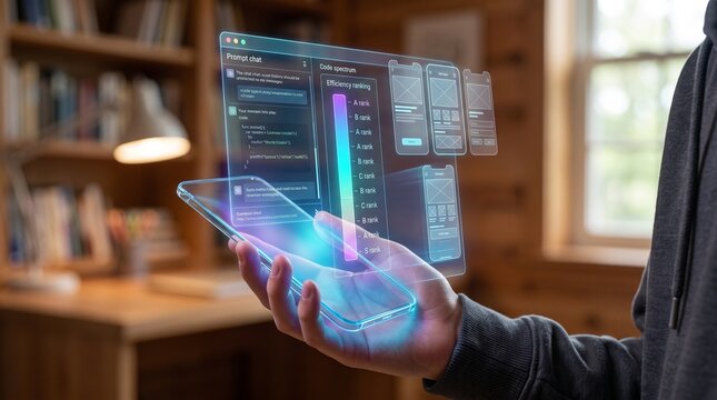 Teenager Hand Holding Futuristic Glass Phone With Glowing Holographic IDE Dashboard In Cozy Wooden Study Room