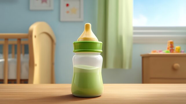 Baby feeding bottle with milk on a wooden table in a nursery room