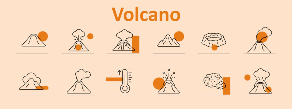 Volcano set icon. Quiet cone, smoking crater, ash plume, mountain range, crater lake, active peak, cloudy peak, steam vent, high thermometer, explosive burst, lava rock, rising smoke.