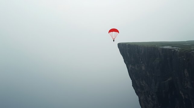 Man parachuting near cliff edge in foggy landscape
