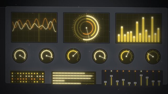 Reactor control panel with yellow gauges and bar charts powering up