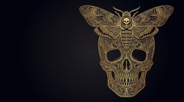 Ornate golden skull and death's-head moth illustration. Intricate filigree tattoo art
