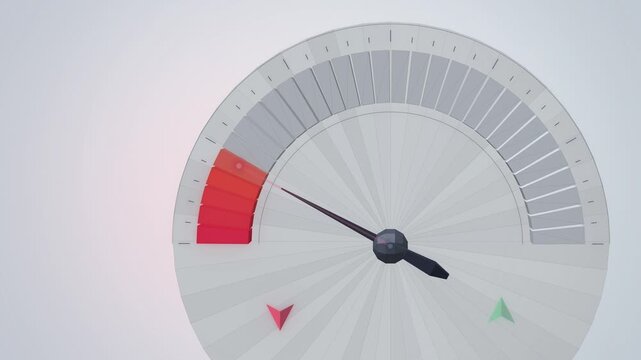 Fear and greed gauge with black needle and red orange arc on white