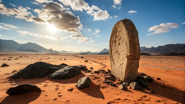 A weathered stone monolith stands prominently in a vast desert landscape