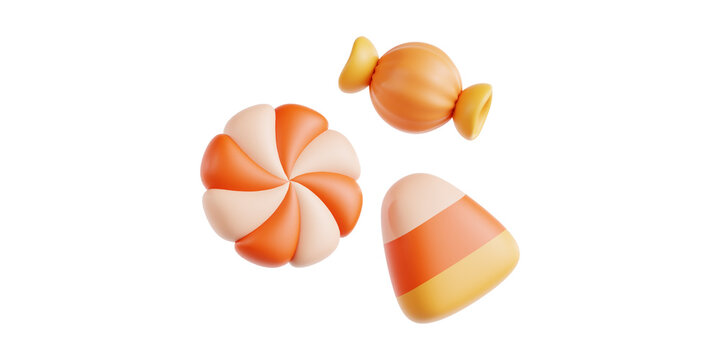 Halloween candy 3d render featuring corn sweets and round treats for holiday marketing materials social media posts and festive web