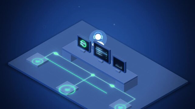 Isometric blue help desk with monitors and glowing route lines