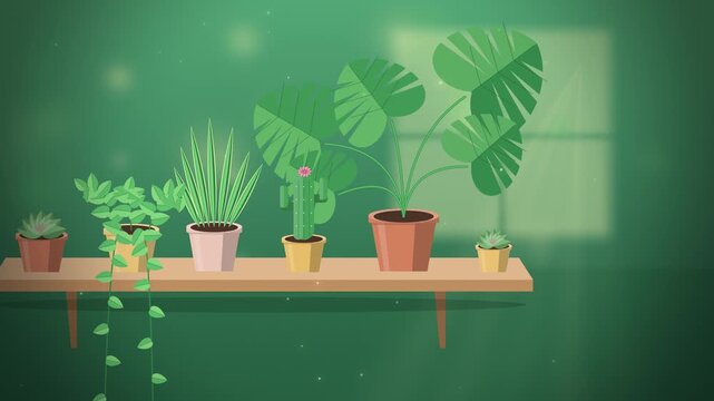 Houseplants swaying on a wooden shelf with monstera seamless loop