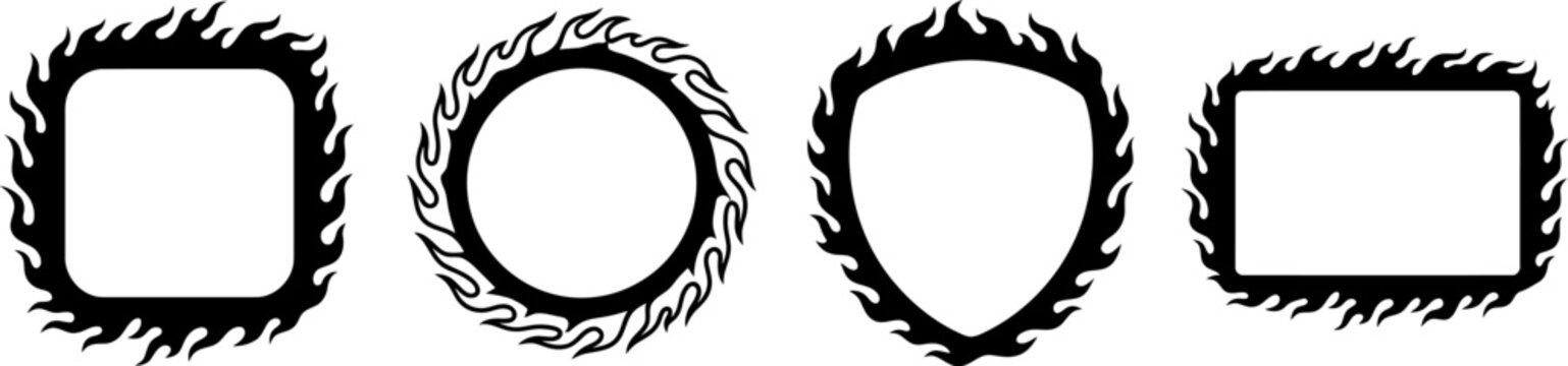 Black silhouette vector icons featuring flaming fire frames, rounded squares, circles, shields, and rectangles with burning flame borders for dynamic and intense designs.