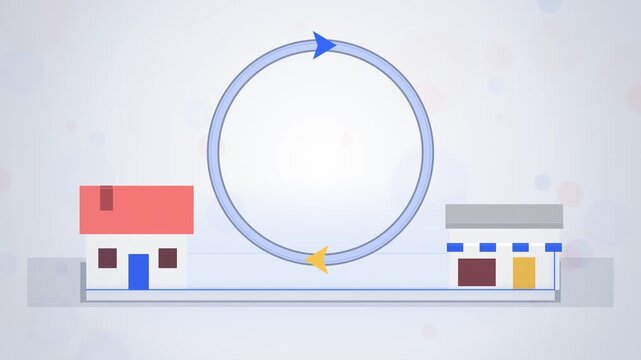 Blue circular refund arrow linking house and store seamless loop