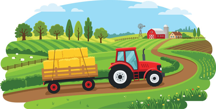 Red tractor pulling hay trailer on a rural farm road