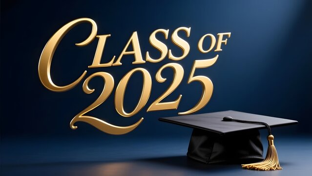 Class of 2025 graduation typography, elegant gold lettering banner, black square academic mortarboard cap on blue background