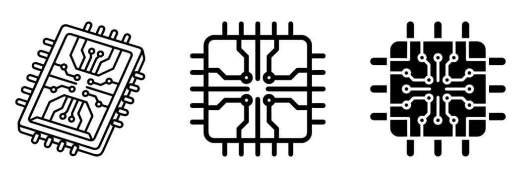 Three microchip icons with electronic circuit patterns during a clean studio lighting for technology concepts