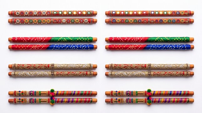 Flat lay of multiple premium dandiya stick pairs with mirror work, bandhani print and zari embroidery arranged in rows
