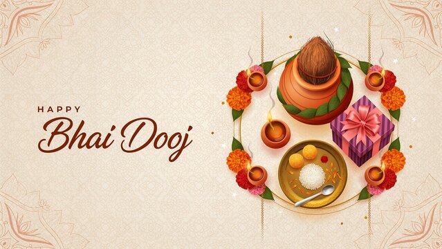 Happy bhai dooj festival greeting card with traditional decor