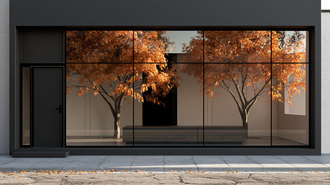 Modern black storefront facade showcasing bright autumn trees reflecting inside large glass windows outside