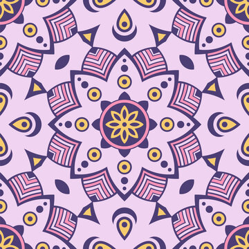 Seamless geometric mandala vector color pattern. Stylized symmetrical floral pattern. Pastel pink, purple and yellow colors. Decorative ornamental color vector background. Flat design pattern.