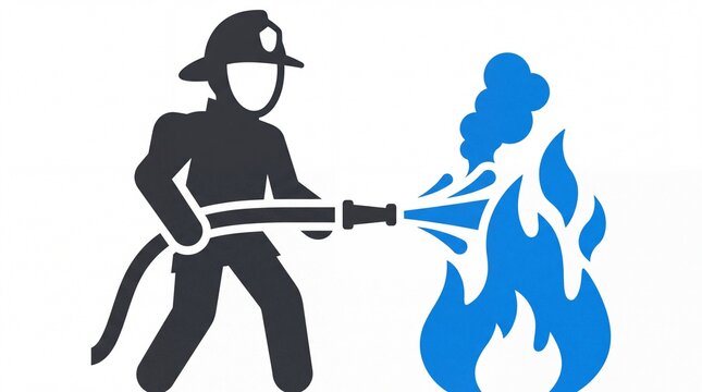 A graphic icon depicting a firefighter in uniform and helmet, actively spraying water from a hose onto a blue stylized fire, symbolizing fire safety and emergency response.