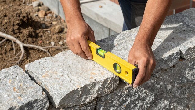 A skilled worker uses a yellow level to align large stones during outdoor stone wall construction under bright sunlight.
