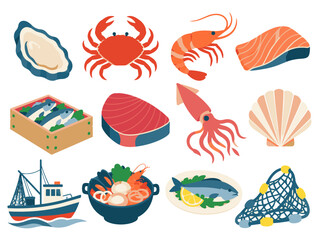 Obraz premium 海産物セット 漁業と食卓 シーフード 水産 鮮魚 水揚げイメージ 海の幸 魚介類 グラフィック イラスト