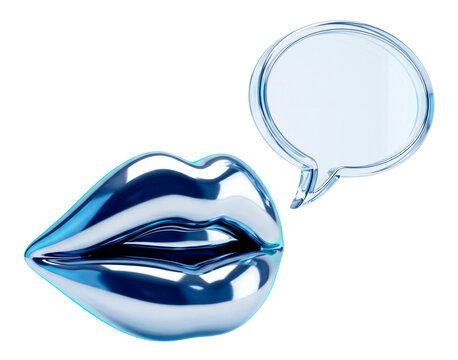 Glossy 3D blue lips with a glass speech bubble on a transparent background