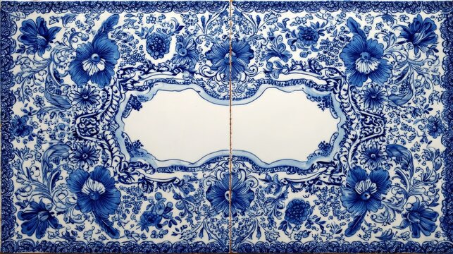White square tile with porcelain ceramic surface, blue border and decorative pattern, blank center for writing, Portuguese Delft style vintage ornate frame design background.