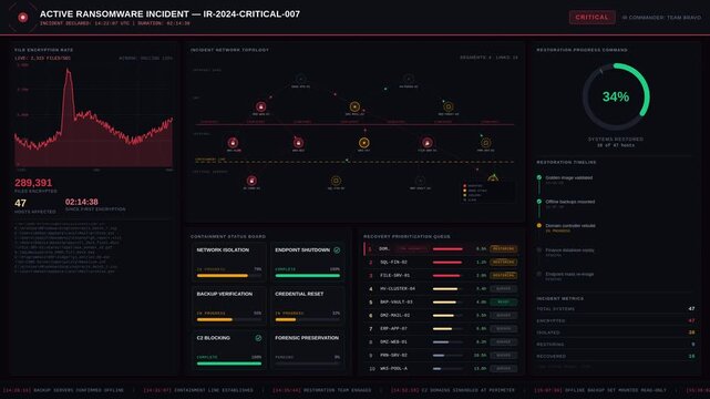 The ultimate ransomware incident dashboard displays encryption rates, containment actions, and recovery status during a critical cybersecurity crisis with vivid colors and detailed metrics.