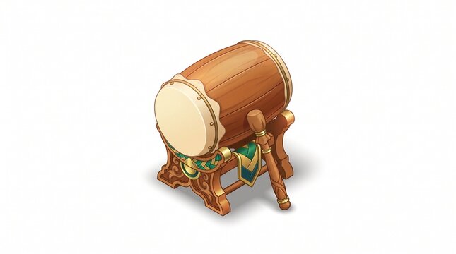 Isometric traditional bedug drum on a wooden stand with a beater