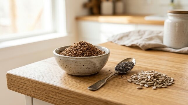 Bowl of ground flaxseed with chia seeds and sunflower seeds on a wooden surface, showcasing healthy ingredients for breakfast