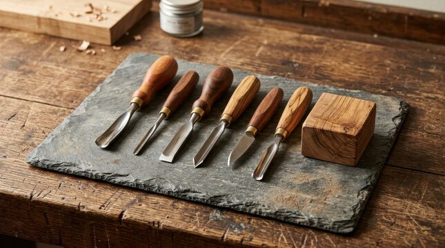 A set of finely crafted woodworking chisels with wooden handles arranged on a stone surface, showcasing artisanal craftsmanship.