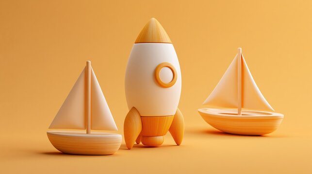 A rocket ship and two sailboats are arranged on a plain orange background.