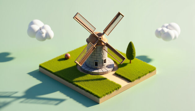 3D illustration of a windmill situated on a grassy landscape with a small tree and clouds in a light green setting, concept rural life, with copy space