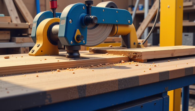 woodworking machine processing wooden planks in a workshop with sawdust scattered on the table for manufacturing and carpentry projects