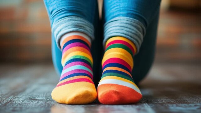 A person sits on a wooden floor with colorful socks, showing various patterns and colors in a home environment