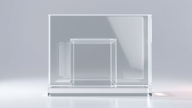 Minimalist display structure. Transparent cubes nested within larger frame. Soft lighting creates subtle shadows, clean aesthetic.