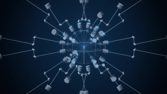 Laser beamlines converging on wireframe target chamber on dark blue