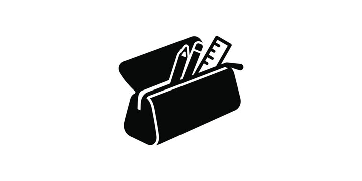 Black and white icon of an open pencil case with stationery items.