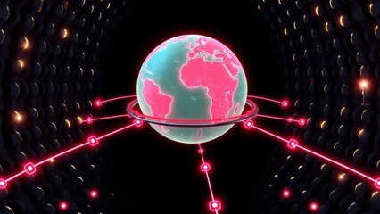 Fototapeta premium Glowing globe suspended within tunnel. Pink, teal hues dominate. Network connections radiate outward, creating futuristic aesthetic.