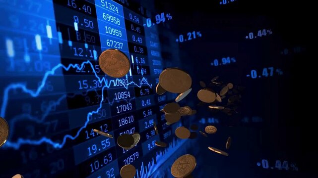 Golden coins floating over abstract digital blue stock market charts and financial data