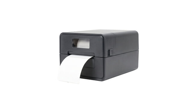 Thermal label printer machine isolated on white background, compact desktop shipping label maker for small business logistics