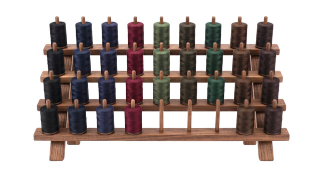 Wooden thread spool rack with colorful sewing thread spools isolated on transparent background