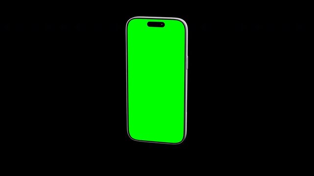Silver smartphone lying flat rising up to stand and face the camera with green screen, 3D product animation on black background