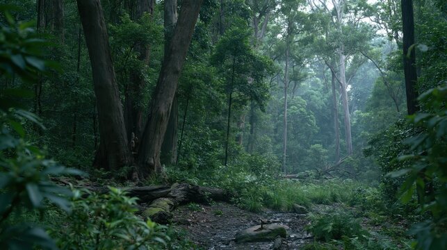 Dense forest with tall trees and lush undergrowth