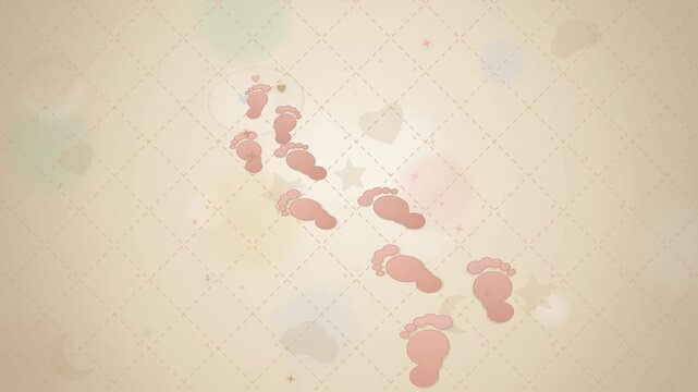 Peach baby footprints appearing in a trail on beige pattern