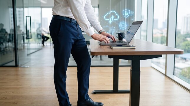 Professional businessman working on laptop computer with floating cloud computing and cybersecurity icons in bright modern office with large windows, remote work and digital