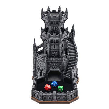 Dice tower castle with polyhedral dice isolated on transparent background for tabletop gaming