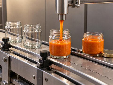 Orange vegetable sauce filling a glass jar on a small production line