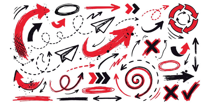 Set of hand drawn sketch arrows and paper planes in red and black ink style