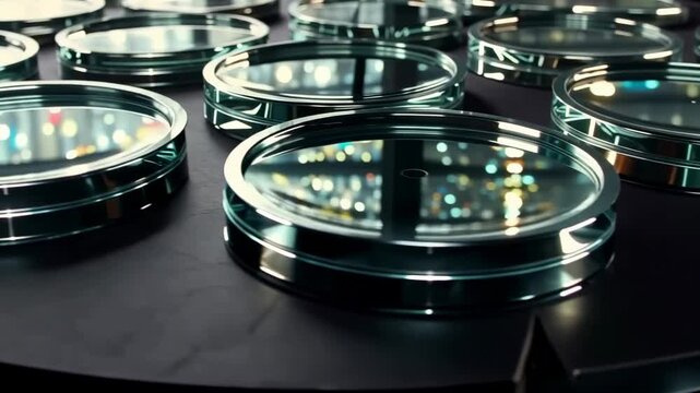 Reflective circular glass objects arranged across a dark surface with colorful lights shimmering in their surfaces during a slow cinematic camera movement