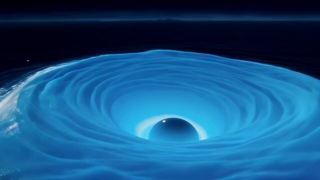 Glowing blue whirlpool rotating across dark water with bright central sphere and expanding concentric ripples, creating an abstract nocturnal ocean scene